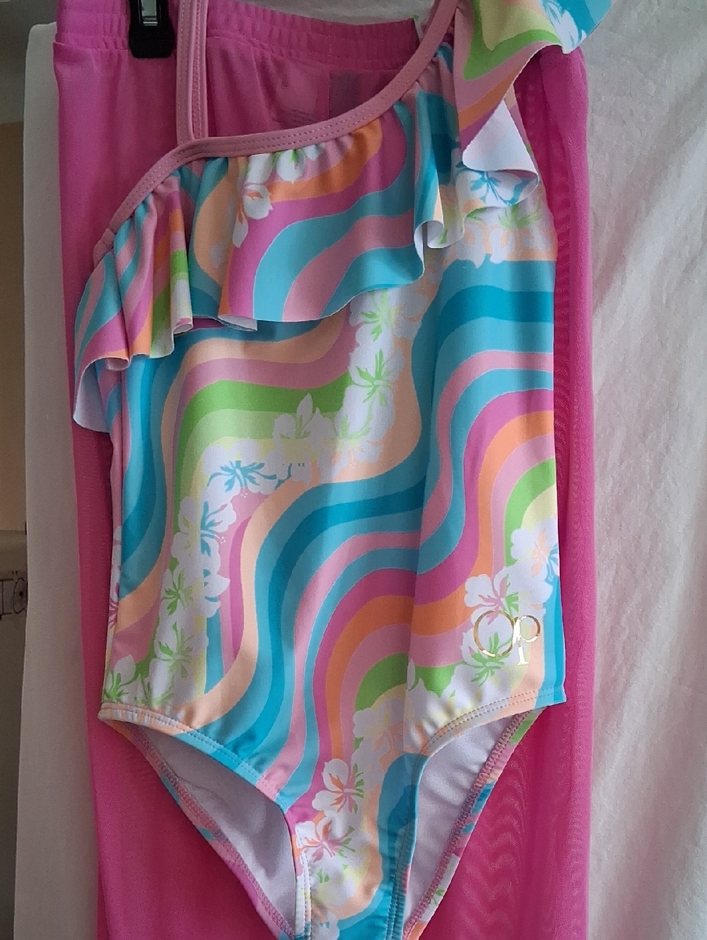 New Girls One-Shoulder Ruffle Two-Pieces Swimsuit in Pink, Blue, Green & Peach.